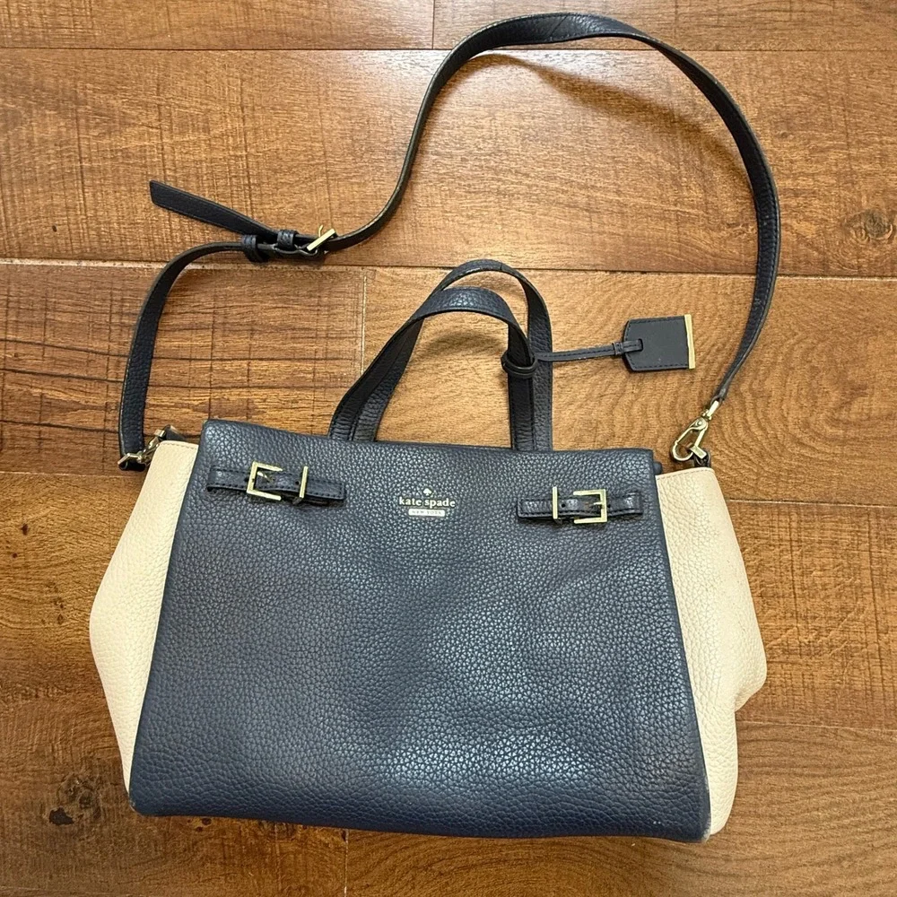 Kate Spade Satchel Women Medium Navy Cream Pebbled Leather Crossbody Buckle Bag